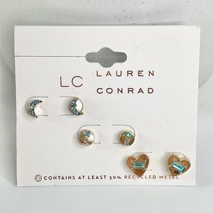 NWT LC Lauren Conrad silver blue heart moon circle studs 3 pairs included
